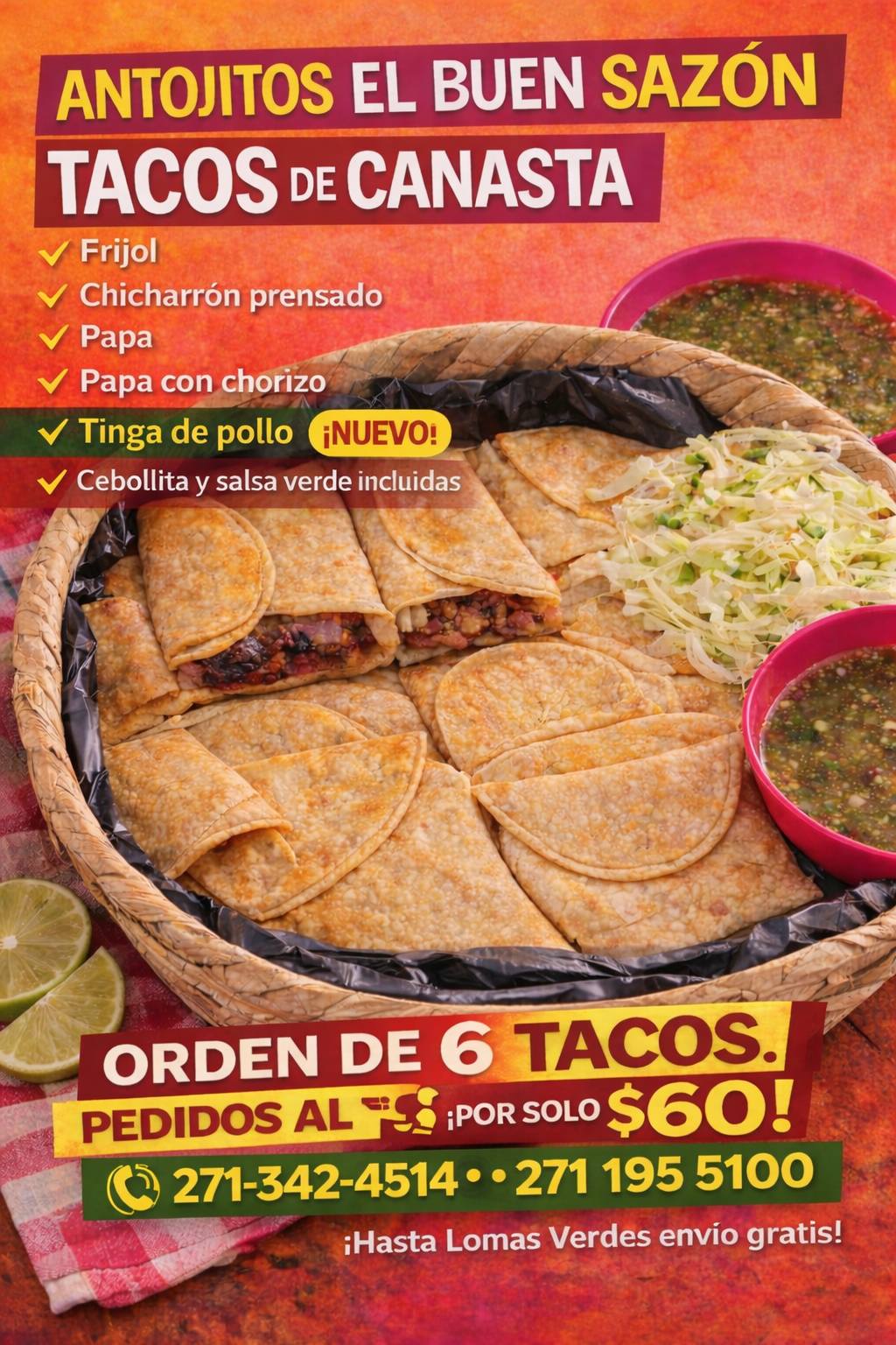 6 Tacos de canasta de Frijoles